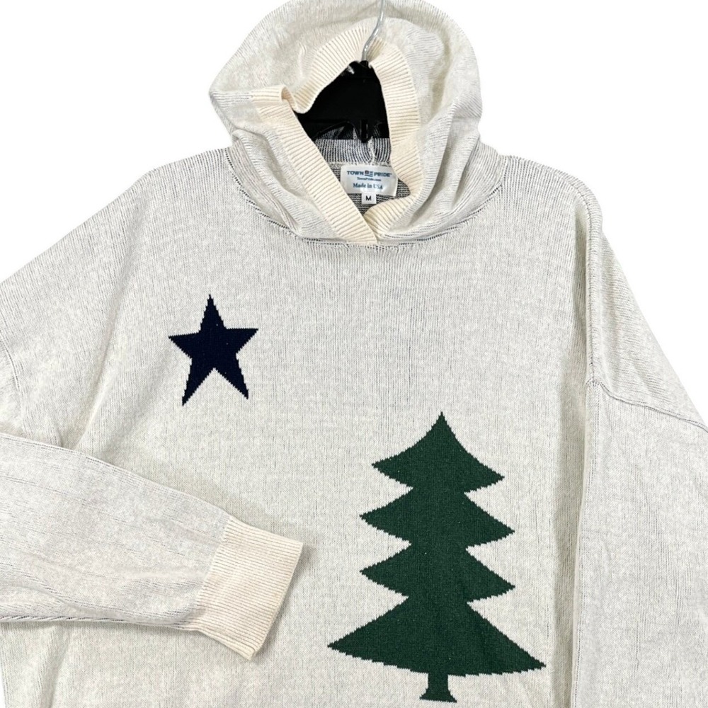 Town Pride Knit Hoodie Womens M Pine Tree Star Intarsia Holiday Sweater USA made